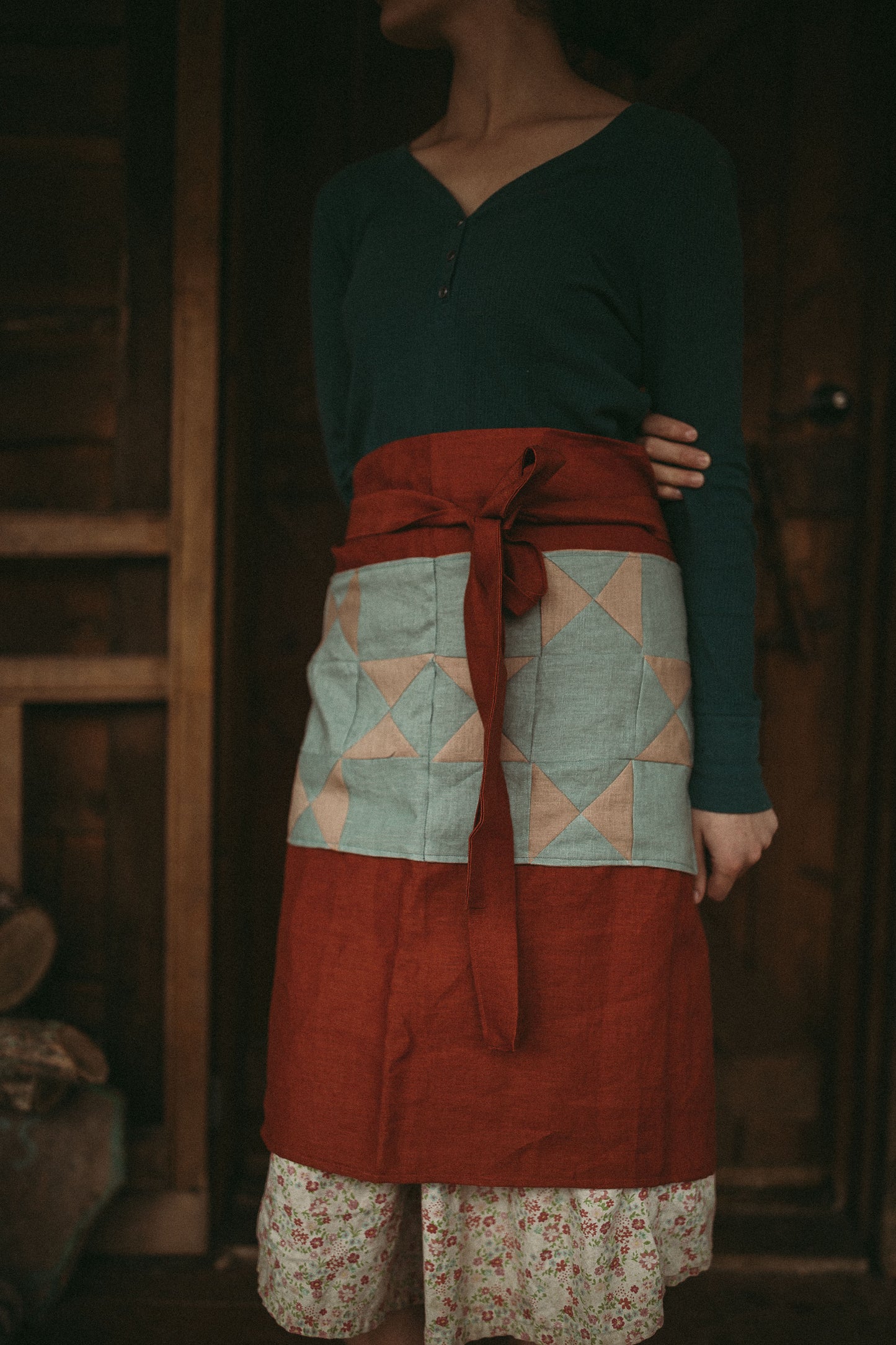 Linen Half Apron with quilt block pockets