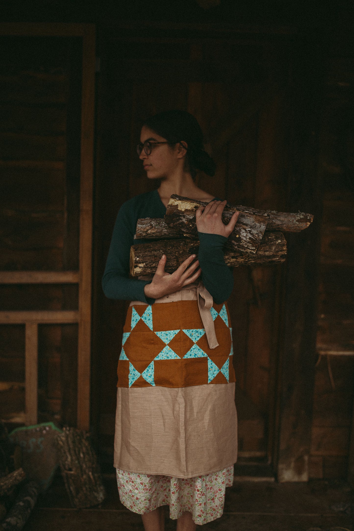 Linen Half Apron with quilt block pockets