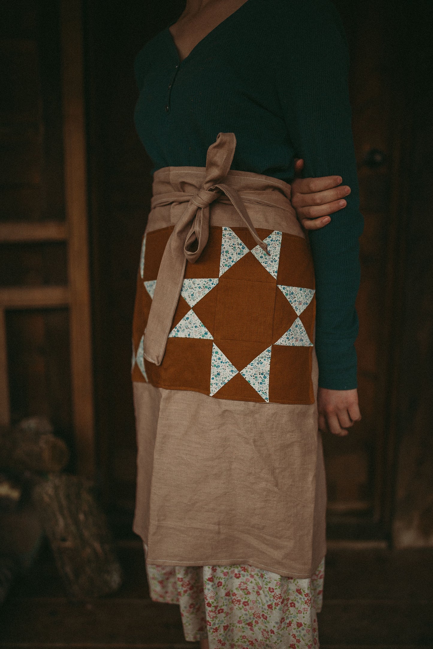 Linen Half Apron with quilt block pockets