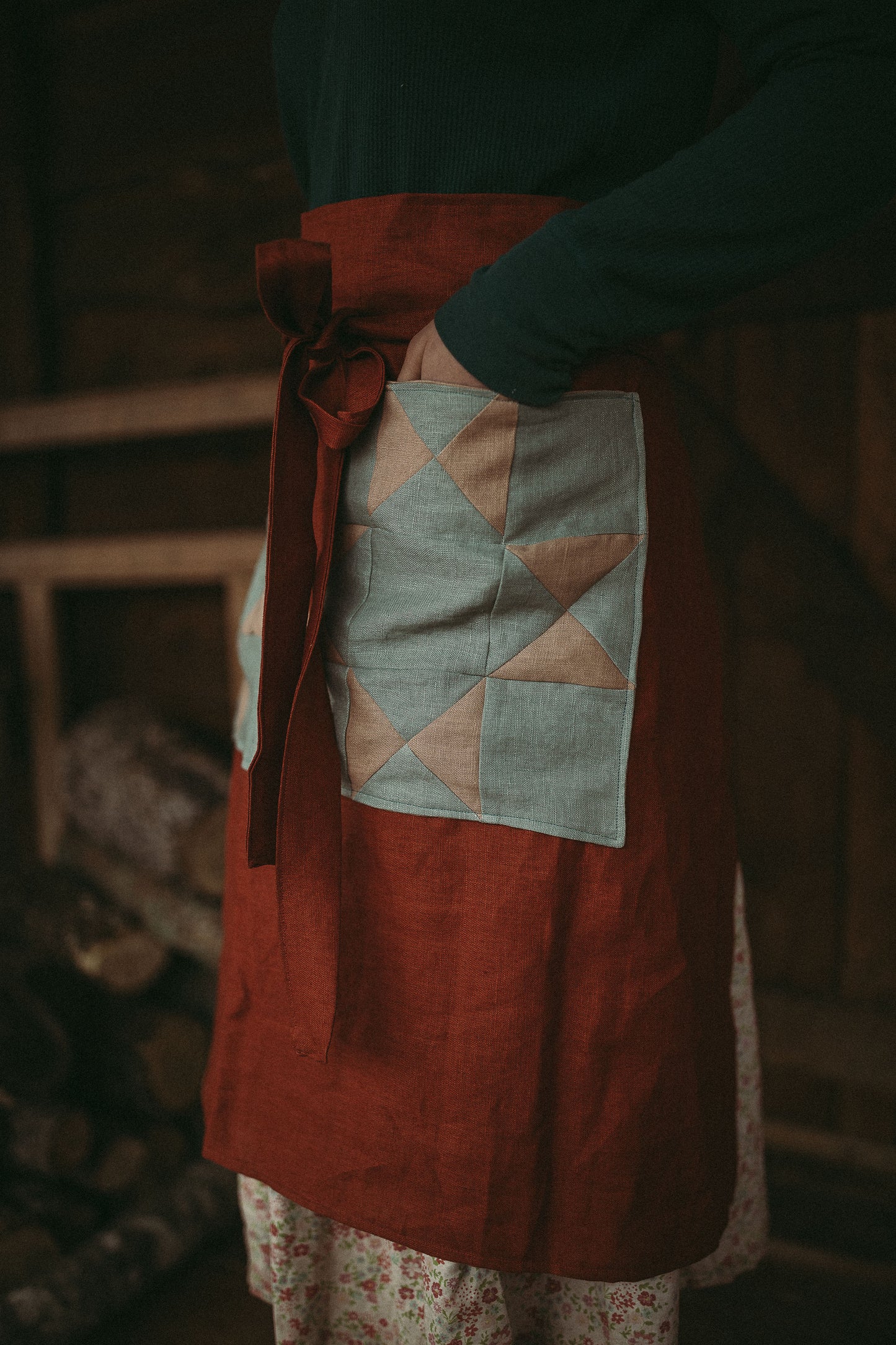 Linen Half Apron with quilt block pockets