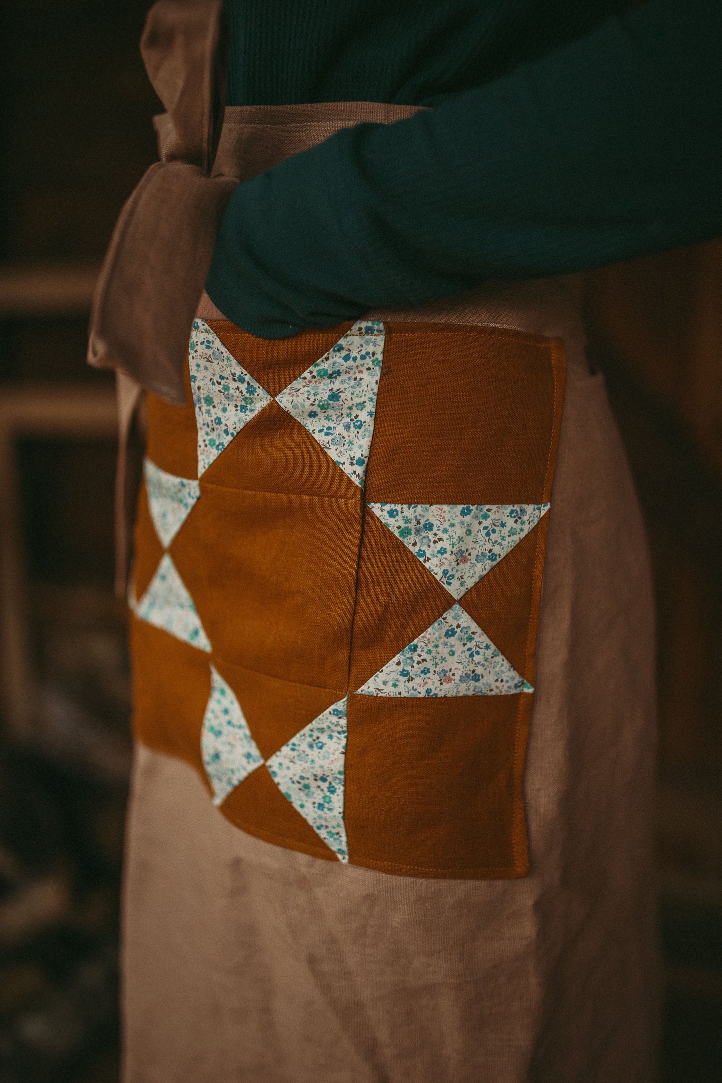 Linen Half Apron with quilt block pockets