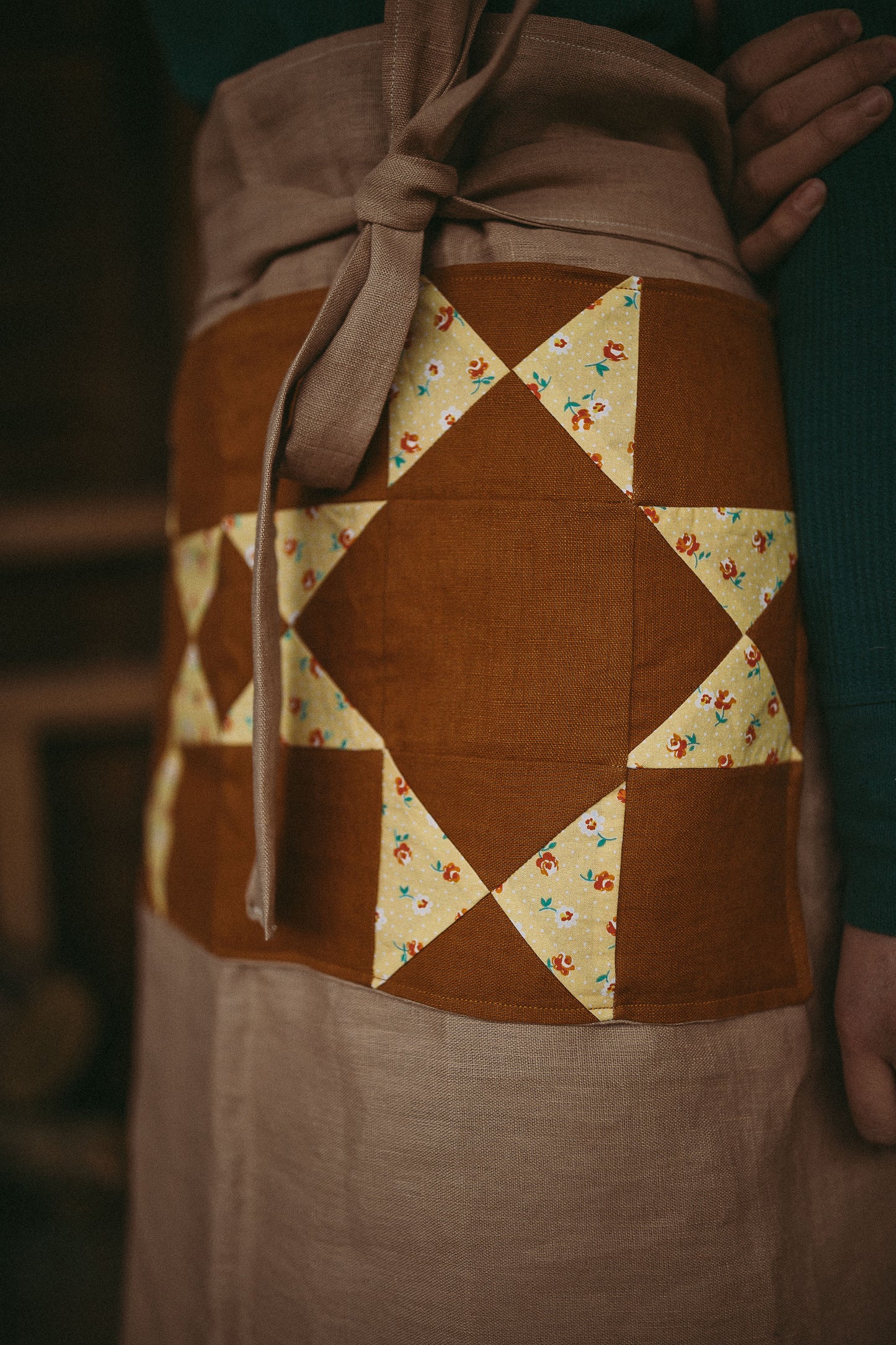 Linen Half Apron with quilt block pockets