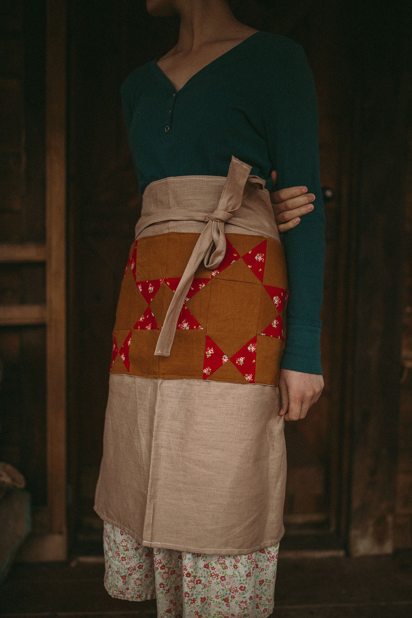 Linen Half Apron with quilt block pockets