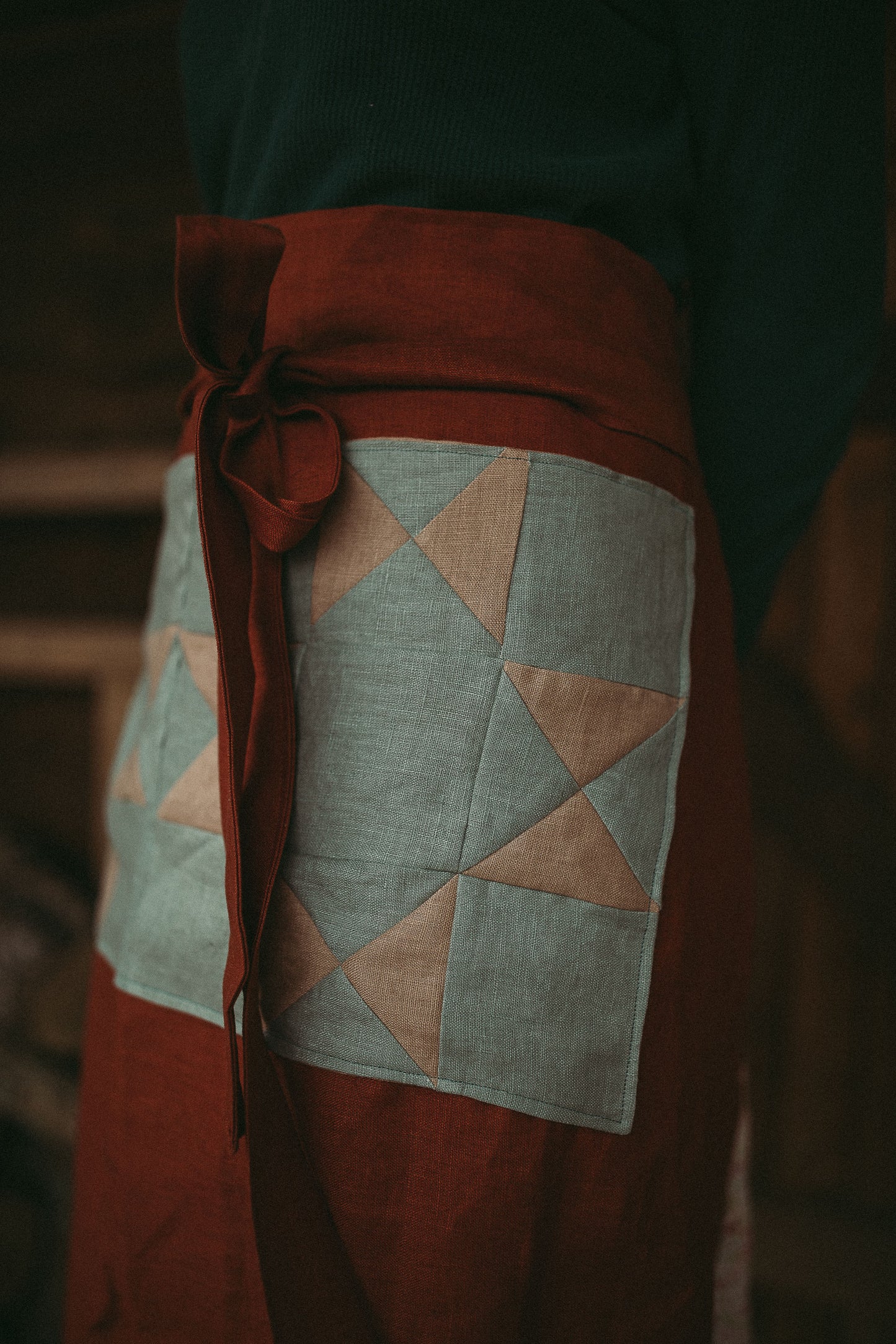 Linen Half Apron with quilt block pockets