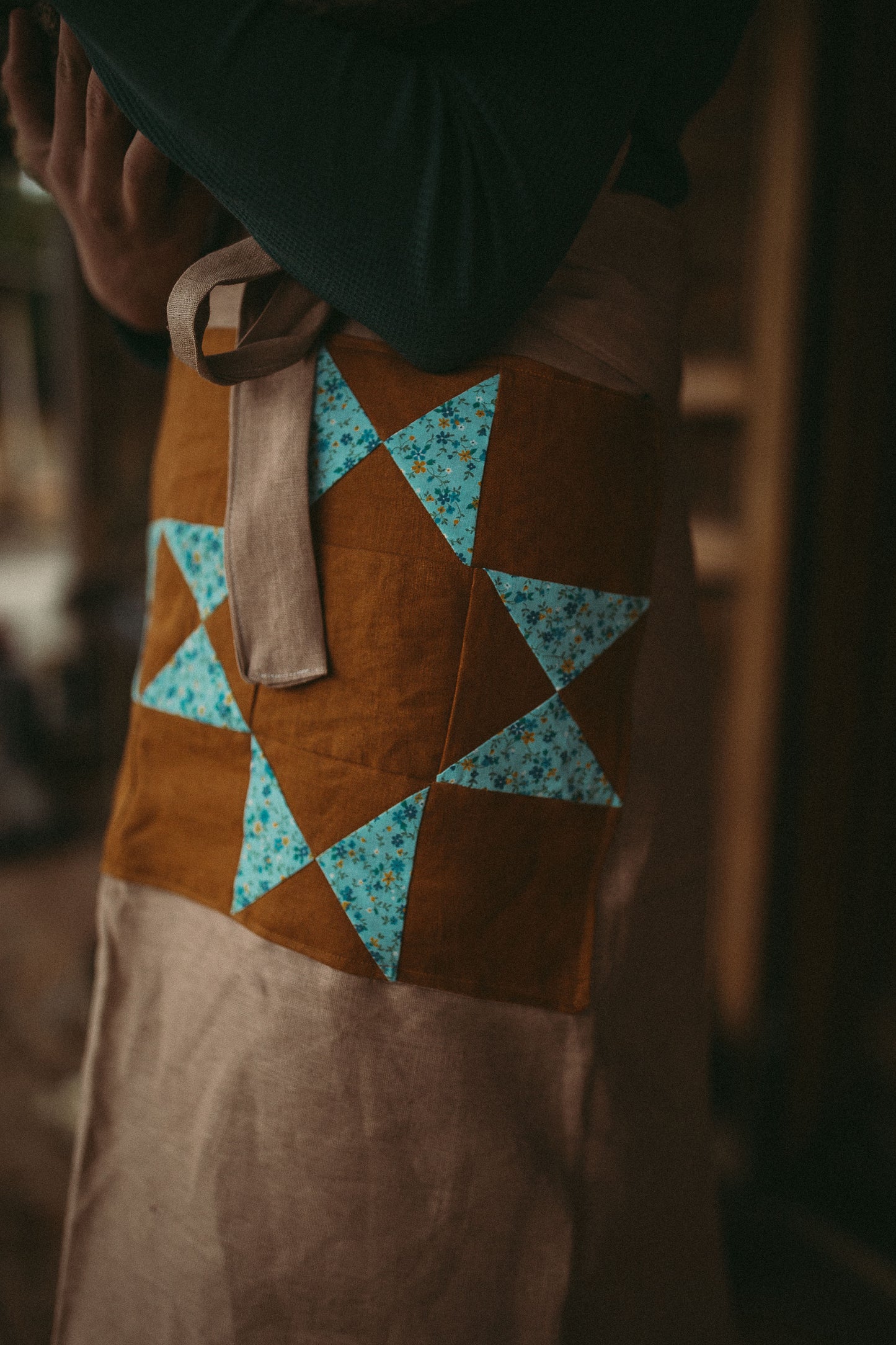 Linen Half Apron with quilt block pockets